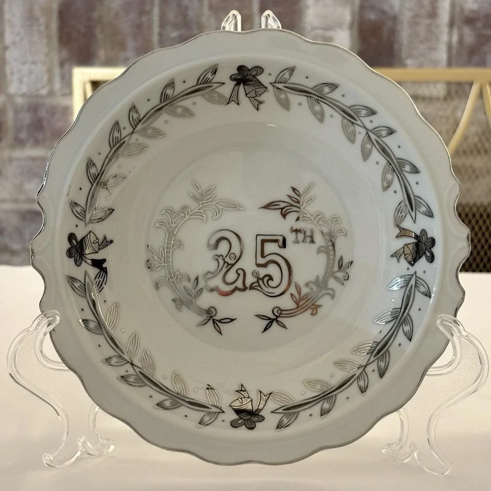 Vintage Lefton 25th Anniversary Pitcher &‎ Liner Bowl Silver White Porcelain MCM